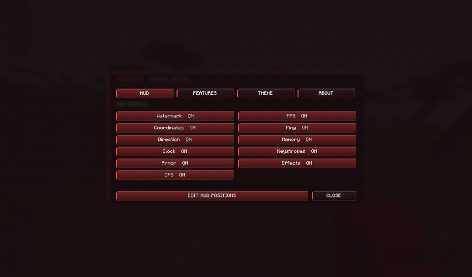 FireClient HUD settings with toggles for watermark, FPS, coordinates, ping, direction, memory, clock, keystrokes, armor, effects and CPS