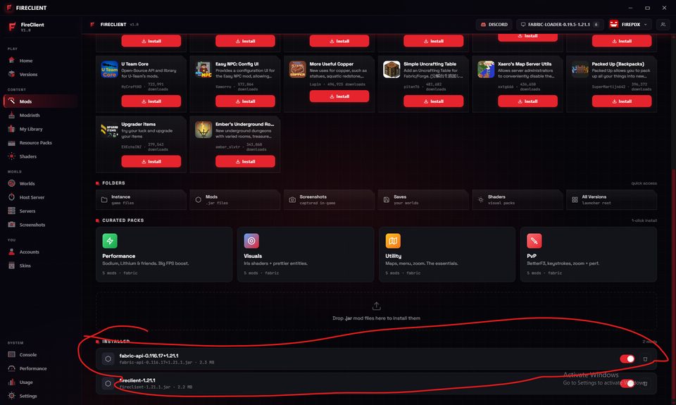 FireClient launcher on the Mods page with mod tiles, curated packs and installed mods